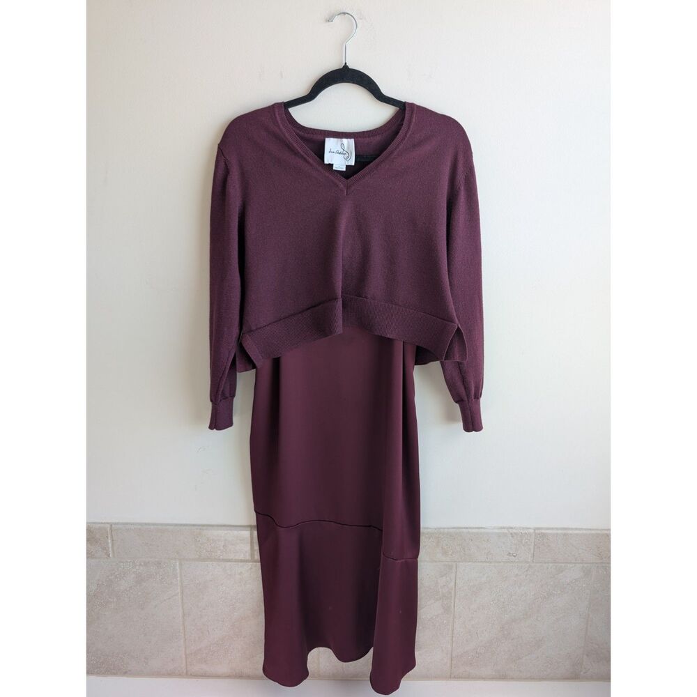 Sam Edelman Layered Sweater Dress 10 Burgundy Plum Slip Midi Mixed Media V Neck